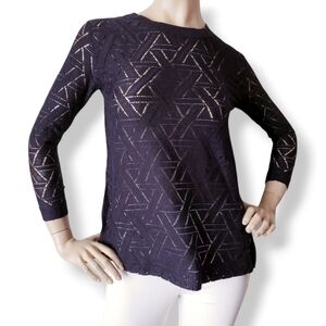 Banana Republic Black Geometric Openwork Knit Long Sleeve Top Size XS Petite